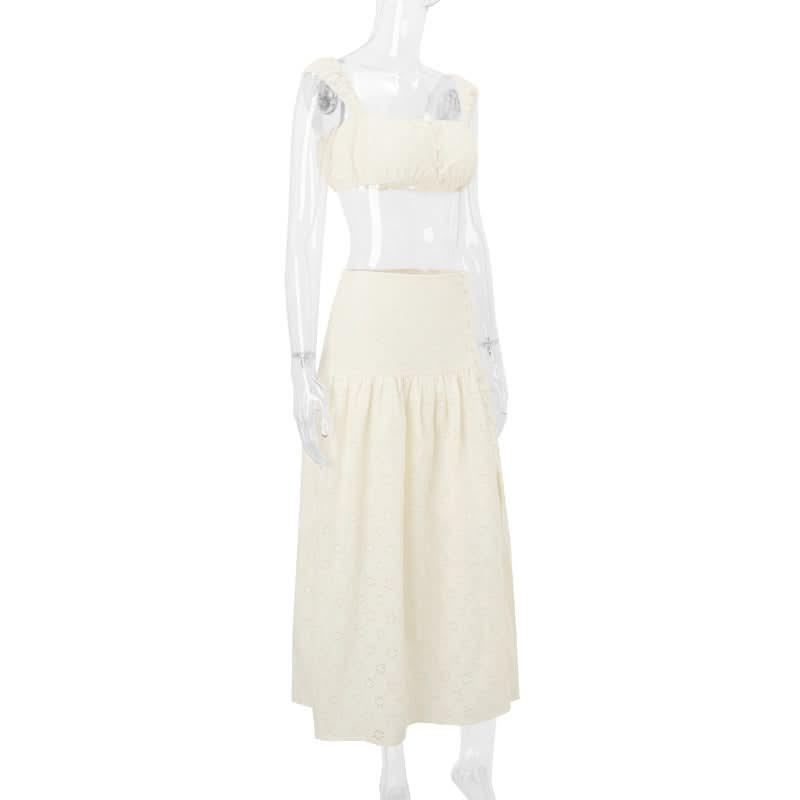 Effortlessly Chic Eyelet Two-Piece Set: Square Neck Crop Top & Maxi Skirt - Resort & Vacation Ready