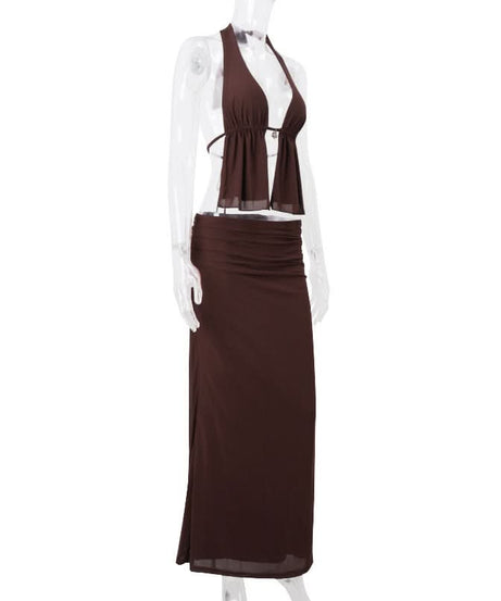 Chic Chocolate Brown Halter Top & Ruched Maxi Skirt Set | Effortless Fall & Resort Style