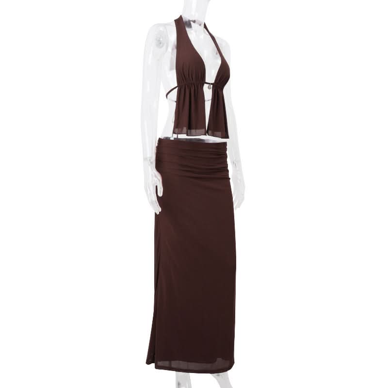 Chic Chocolate Brown Halter Top & Ruched Maxi Skirt Set | Effortless Fall & Resort Style