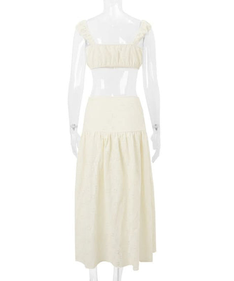 Effortlessly Chic Eyelet Two-Piece Set: Square Neck Crop Top & Maxi Skirt - Resort & Vacation Ready