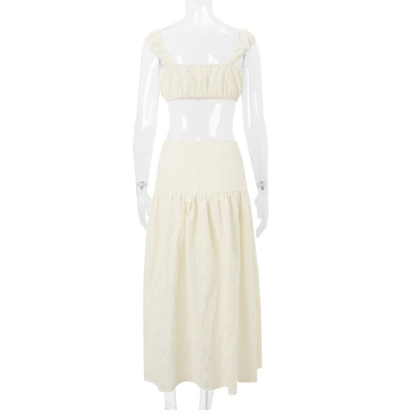 Effortlessly Chic Eyelet Two-Piece Set: Square Neck Crop Top & Maxi Skirt - Resort & Vacation Ready