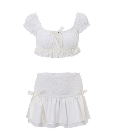 Dreamy White Smocked Puff Sleeve Crop Top & Mini Skirt Set - Your Go-To for Sunny Escapes & Holiday Getaways!