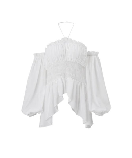 White Boho Chic Halter Off-Shoulder Top - Ruched Smocked Ruffle Peplum Blouse for Fall
