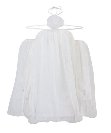 Dreamy Ethereal White Mesh Mini Dress | Halter Off-Shoulder Whimsy for Fall & Holiday Parties