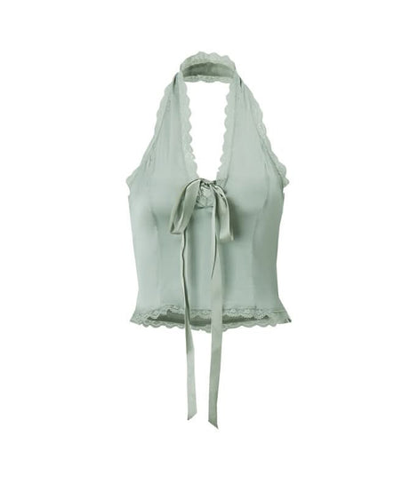 Romantic Sage Halter Top with Lace & Bow | Chic Fall Style for Women