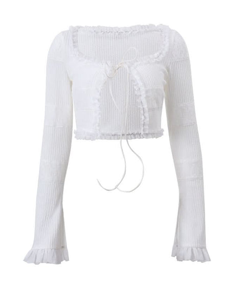 Dainty Coquette Ruffle Knit Set: Chic Long Sleeve Crop Top & Tiered Mini Skirt