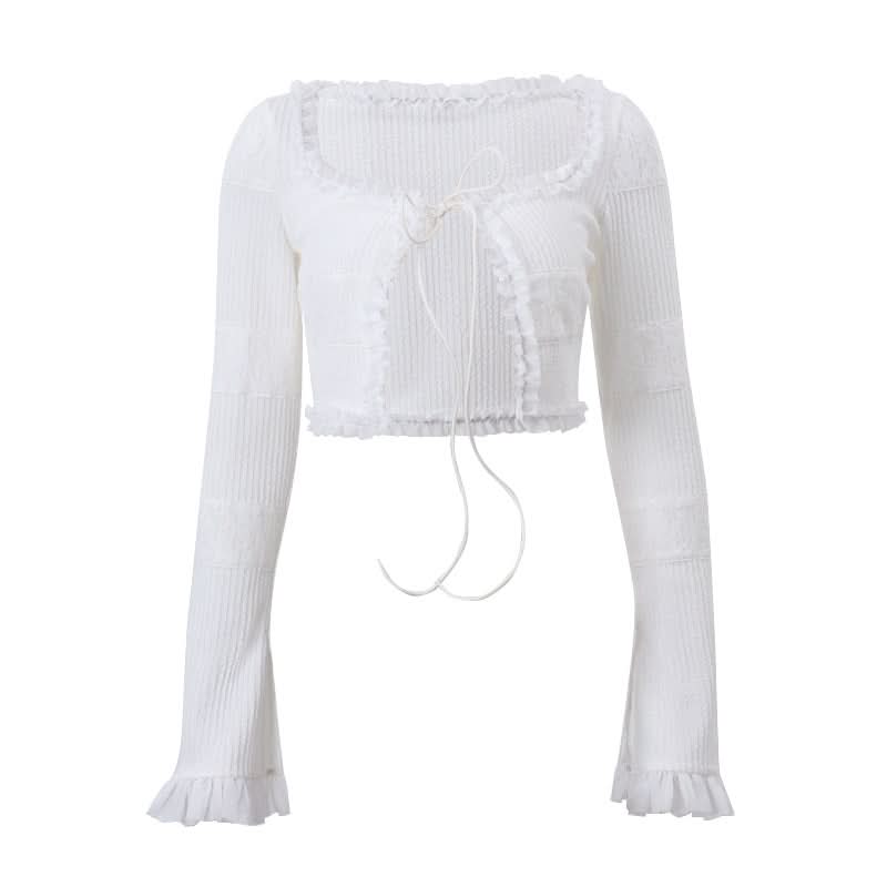 Dainty Coquette Ruffle Knit Set: Chic Long Sleeve Crop Top & Tiered Mini Skirt