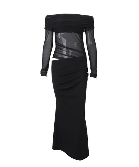 Sultry Black Off-Shoulder Mesh Maxi Dress with Chic Cutout - Your Ultimate Holiday Party & Evening Look