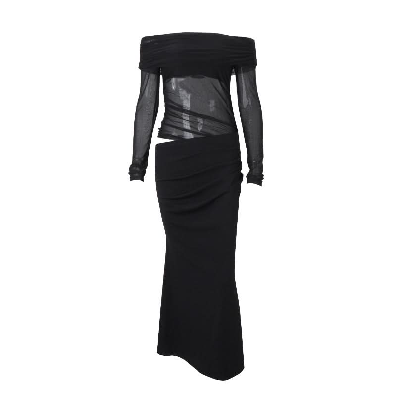 Sultry Black Off-Shoulder Mesh Maxi Dress with Chic Cutout - Your Ultimate Holiday Party & Evening Look