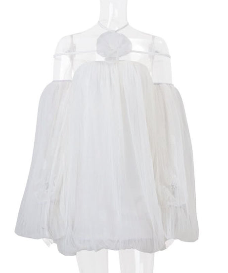 Dreamy Ethereal White Mesh Mini Dress | Halter Off-Shoulder Whimsy for Fall & Holiday Parties