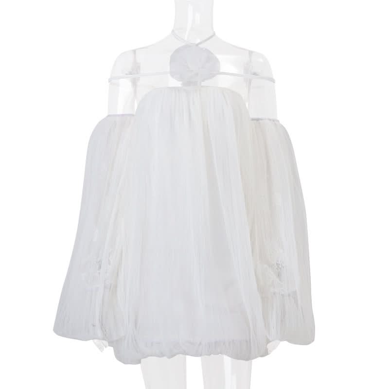 Dreamy Ethereal White Mesh Mini Dress | Halter Off-Shoulder Whimsy for Fall & Holiday Parties