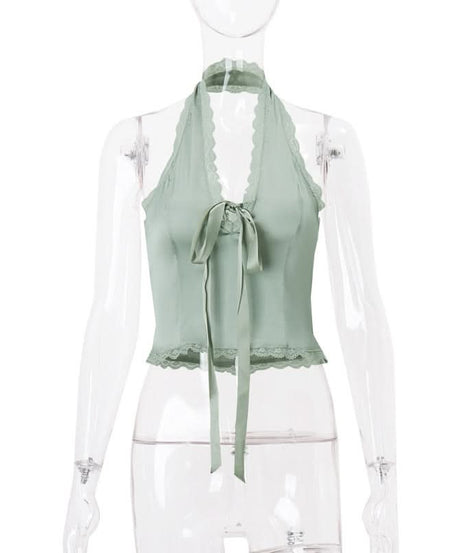 Romantic Sage Halter Top with Lace & Bow | Chic Fall Style for Women