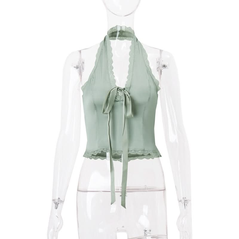 Romantic Sage Halter Top with Lace & Bow | Chic Fall Style for Women