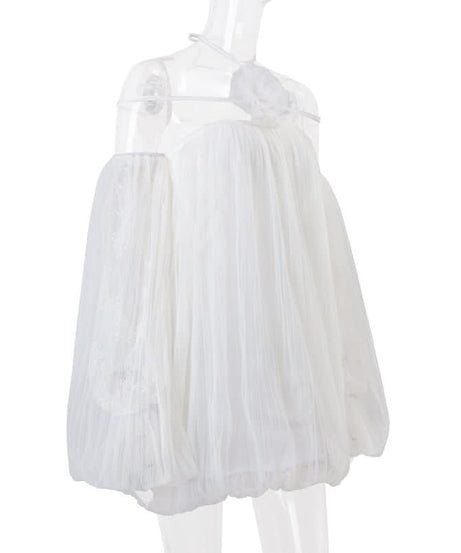 Dreamy Ethereal White Mesh Mini Dress | Halter Off-Shoulder Whimsy for Fall & Holiday Parties