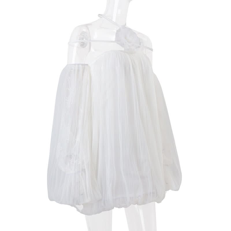Dreamy Ethereal White Mesh Mini Dress | Halter Off-Shoulder Whimsy for Fall & Holiday Parties