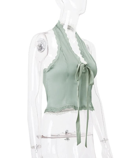 Romantic Sage Halter Top with Lace & Bow | Chic Fall Style for Women