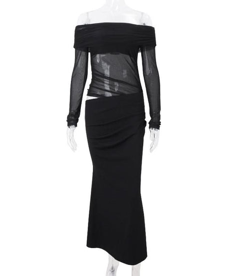 Sultry Black Off-Shoulder Mesh Maxi Dress with Chic Cutout - Your Ultimate Holiday Party & Evening Look