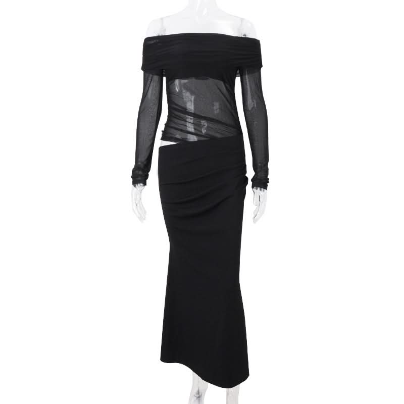 Sultry Black Off-Shoulder Mesh Maxi Dress with Chic Cutout - Your Ultimate Holiday Party & Evening Look