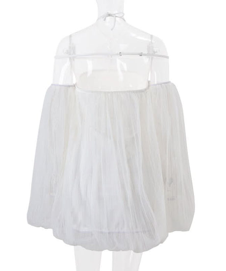 Dreamy Ethereal White Mesh Mini Dress | Halter Off-Shoulder Whimsy for Fall & Holiday Parties