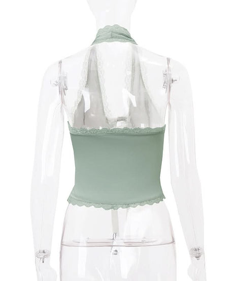 Romantic Sage Halter Top with Lace & Bow | Chic Fall Style for Women