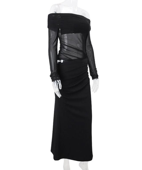 Sultry Black Off-Shoulder Mesh Maxi Dress with Chic Cutout - Your Ultimate Holiday Party & Evening Look