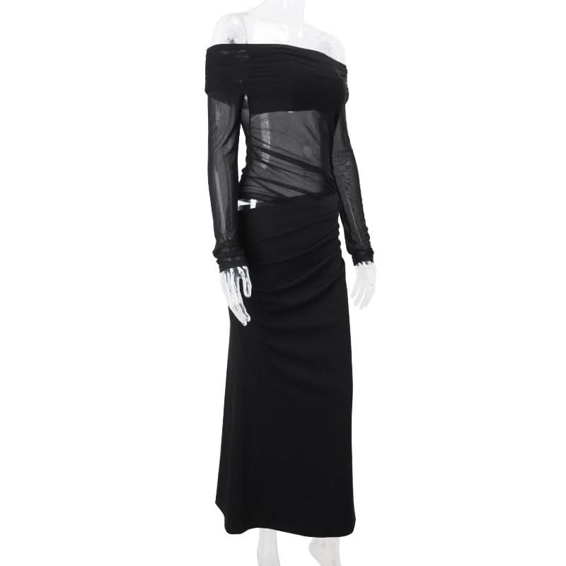 Sultry Black Off-Shoulder Mesh Maxi Dress with Chic Cutout - Your Ultimate Holiday Party & Evening Look