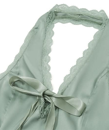 Romantic Sage Halter Top with Lace & Bow | Chic Fall Style for Women