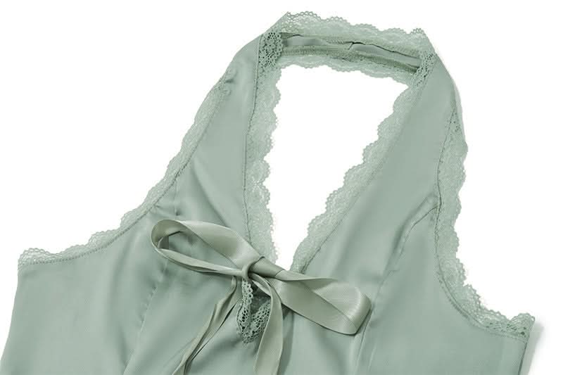 Romantic Sage Halter Top with Lace & Bow | Chic Fall Style for Women