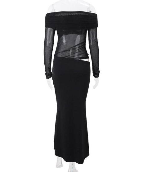 Sultry Black Off-Shoulder Mesh Maxi Dress with Chic Cutout - Your Ultimate Holiday Party & Evening Look