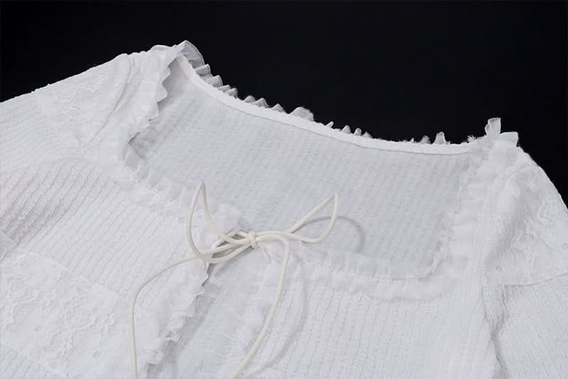 Dainty Coquette Ruffle Knit Set: Chic Long Sleeve Crop Top & Tiered Mini Skirt
