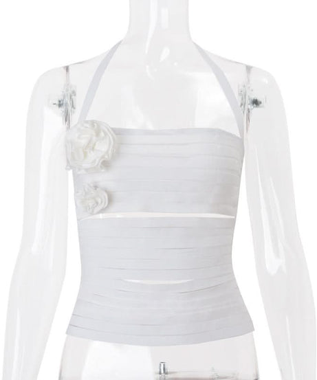 Sultry Noir Rose Halter Top: Edgy Cut-Out Design for Fall Nights & Halloween Parties