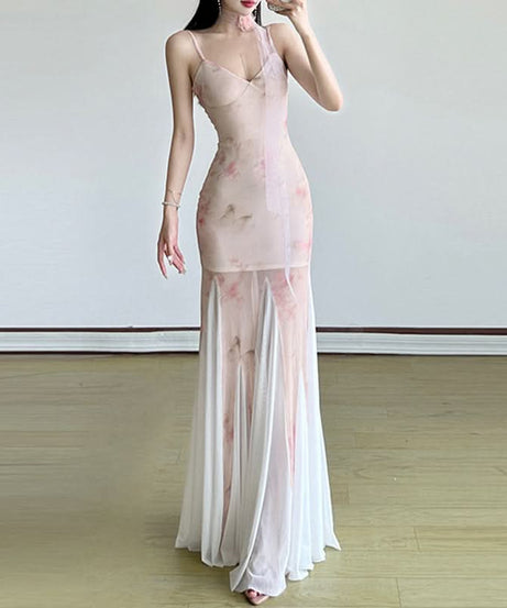 Romantic Blush Floral Mesh Illusion Maxi Dress - Elegant V-Neck Gown for Fall Events & Resort Getaways