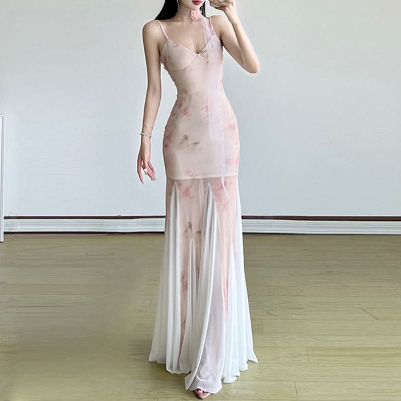 Romantic Blush Floral Mesh Illusion Maxi Dress - Elegant V-Neck Gown for Fall Events & Resort Getaways