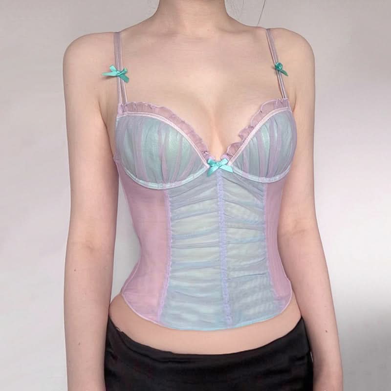 Fairy Dust Pastel Mesh Bow Cami Top - Coquette Sweetheart Style for Fall Layering