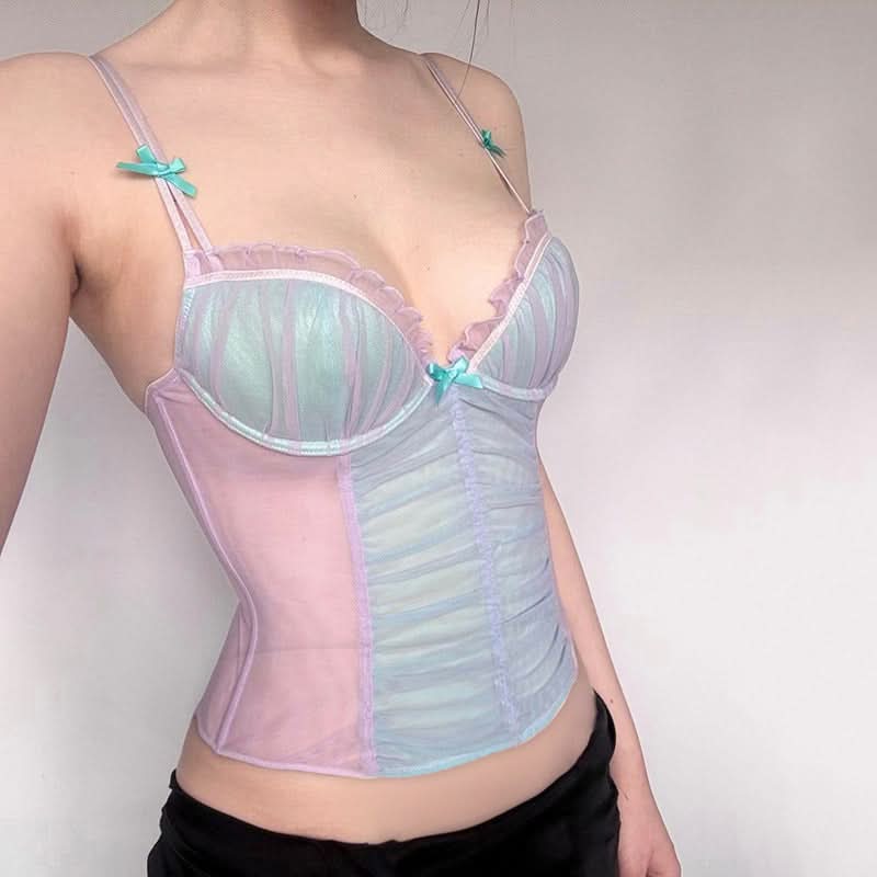 Fairy Dust Pastel Mesh Bow Cami Top - Coquette Sweetheart Style for Fall Layering
