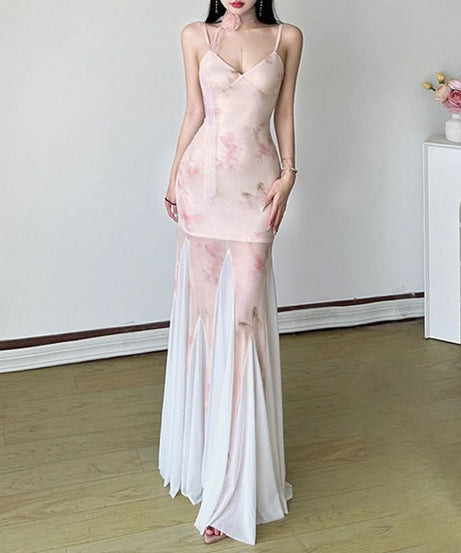 Romantic Blush Floral Mesh Illusion Maxi Dress - Elegant V-Neck Gown for Fall Events & Resort Getaways