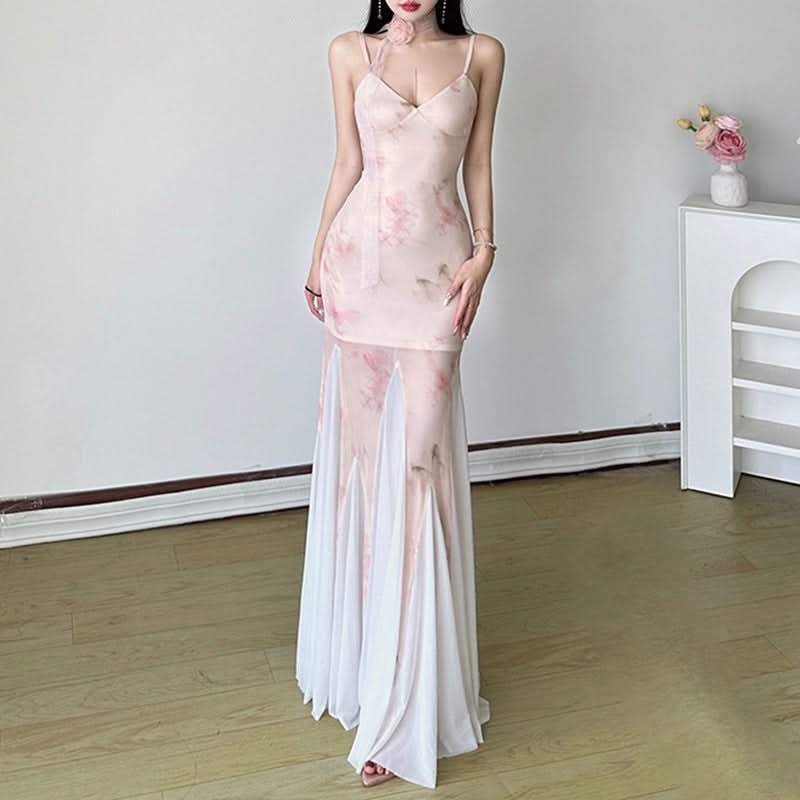Romantic Blush Floral Mesh Illusion Maxi Dress - Elegant V-Neck Gown for Fall Events & Resort Getaways