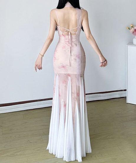 Romantic Blush Floral Mesh Illusion Maxi Dress - Elegant V-Neck Gown for Fall Events & Resort Getaways