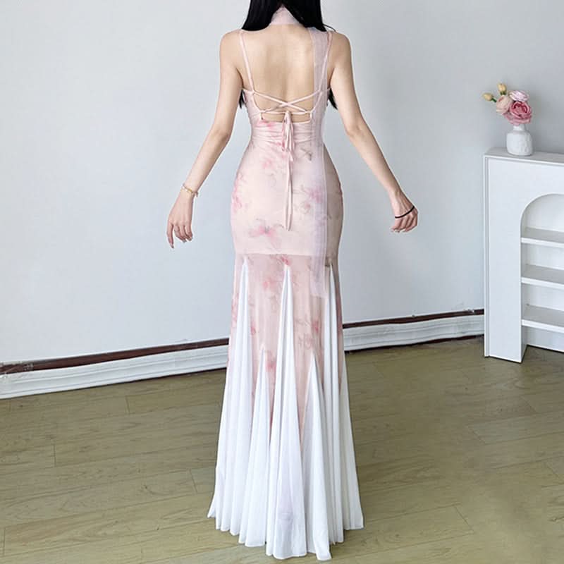 Romantic Blush Floral Mesh Illusion Maxi Dress - Elegant V-Neck Gown for Fall Events & Resort Getaways