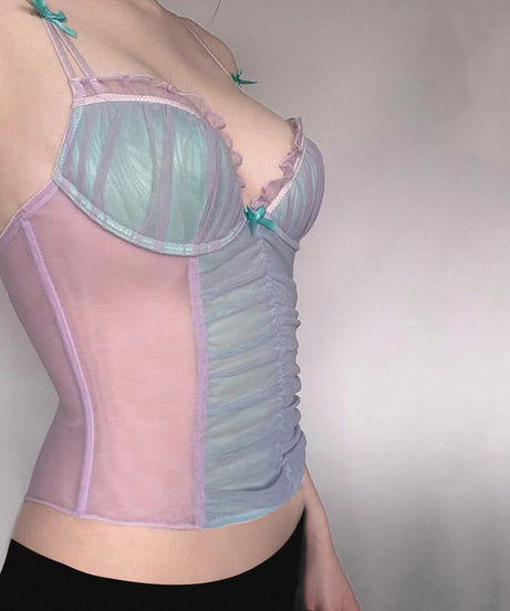 Fairy Dust Pastel Mesh Bow Cami Top - Coquette Sweetheart Style for Fall Layering