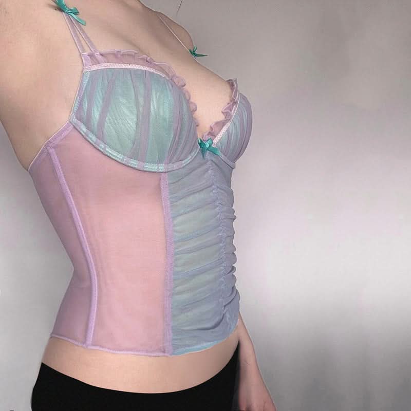 Fairy Dust Pastel Mesh Bow Cami Top - Coquette Sweetheart Style for Fall Layering