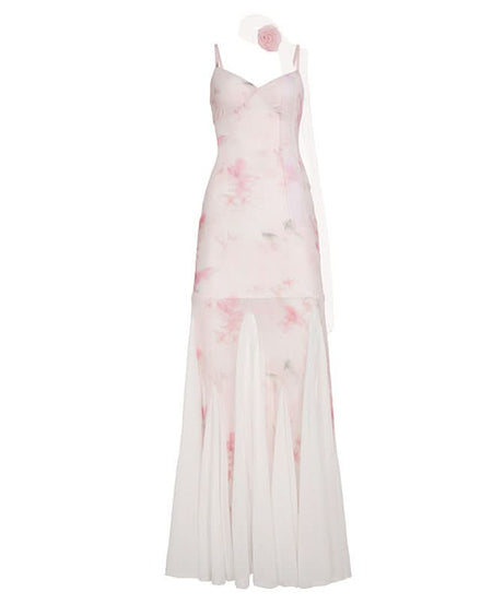 Romantic Blush Floral Mesh Illusion Maxi Dress - Elegant V-Neck Gown for Fall Events & Resort Getaways