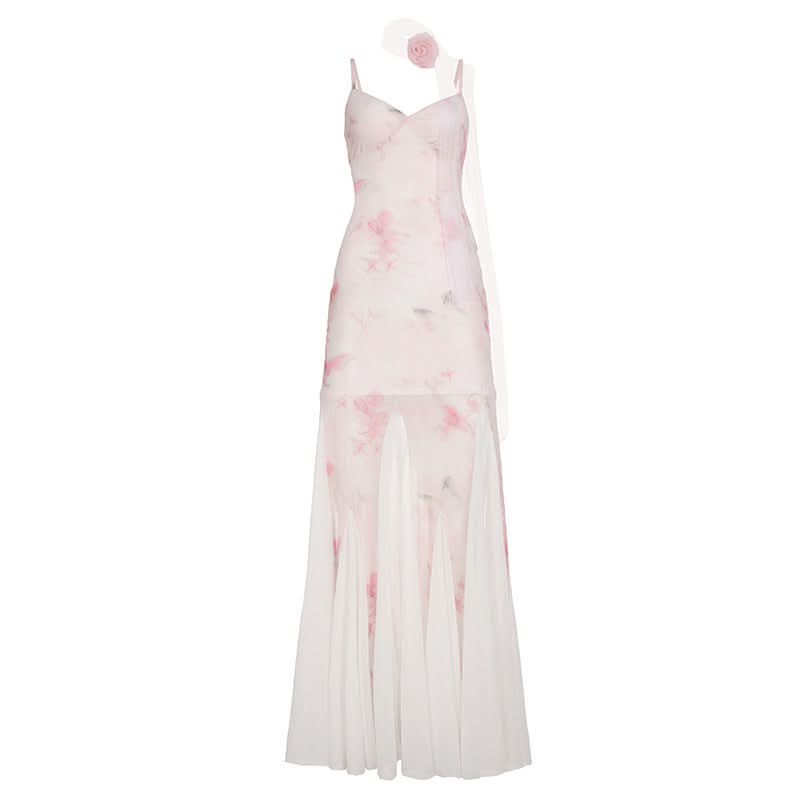 Romantic Blush Floral Mesh Illusion Maxi Dress - Elegant V-Neck Gown for Fall Events & Resort Getaways