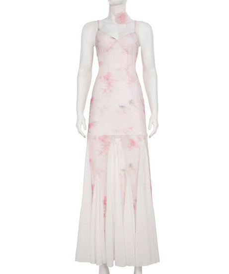 Romantic Blush Floral Mesh Illusion Maxi Dress - Elegant V-Neck Gown for Fall Events & Resort Getaways