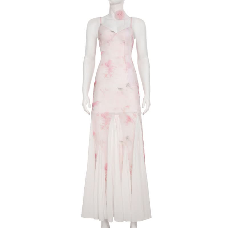 Romantic Blush Floral Mesh Illusion Maxi Dress - Elegant V-Neck Gown for Fall Events & Resort Getaways