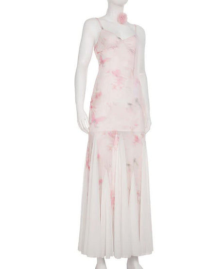 Romantic Blush Floral Mesh Illusion Maxi Dress - Elegant V-Neck Gown for Fall Events & Resort Getaways