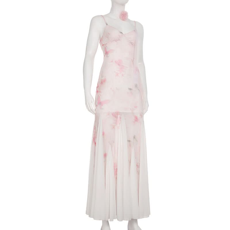 Romantic Blush Floral Mesh Illusion Maxi Dress - Elegant V-Neck Gown for Fall Events & Resort Getaways