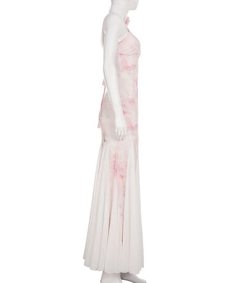 Romantic Blush Floral Mesh Illusion Maxi Dress - Elegant V-Neck Gown for Fall Events & Resort Getaways