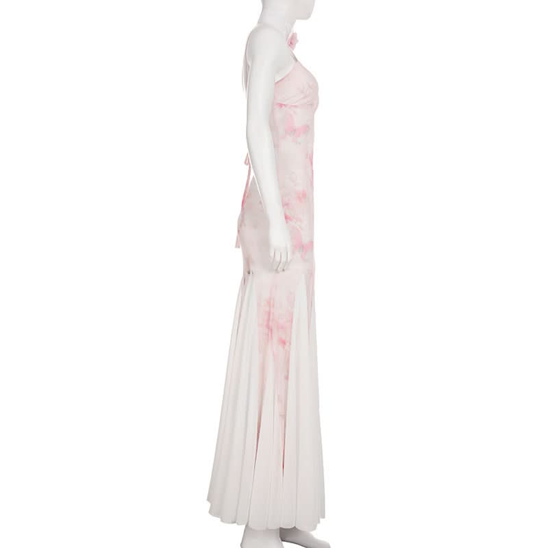 Romantic Blush Floral Mesh Illusion Maxi Dress - Elegant V-Neck Gown for Fall Events & Resort Getaways