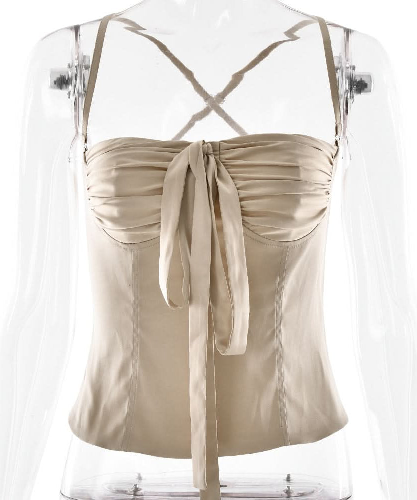 Fall Fashion Must-Have: Chic Ruched Bow Tie Bustier Top with Cross-Back Straps